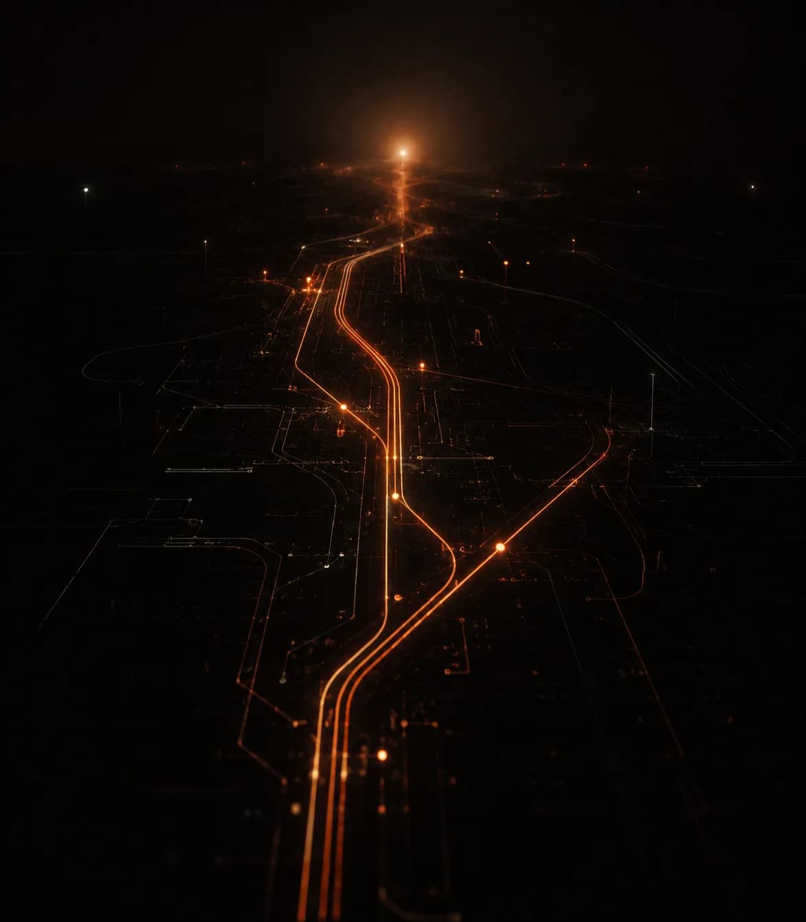 A single ember signal path branching through darkness toward a point of light